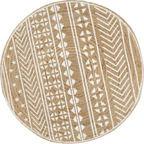 Tapis en jute fait main avec motif blanc, 90 cm (1/5)