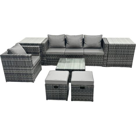 Fimous Outdoor Rattan Garden Furniture Set 6 Seater Patio Lounge Sofa Set with Armchair Square Coffee 2 Table Side Table 2 Small Footstools Dark Grey Mixed (1/5)