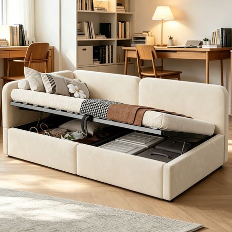 Bett Schlafsofa 90x200 cm Samtoptik Beige mit hydraulischem Stauraum, hohem reversiblen Kopfteil (1/5)