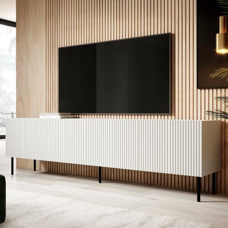 Mueble de TV Priocca, aparador de salón con cuatro puertas batientes, elevado del suelo, 200x42 h52 cm, blanco (1/5)