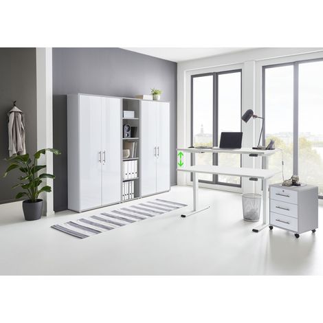 BMG Möbel Büromöbel komplett Set mit elektrisch höhenverstellbaren Schreibtisch in weiß Arbeitszimmer e-Dition in lichtgrau/weiß Matt/Gestell weiß