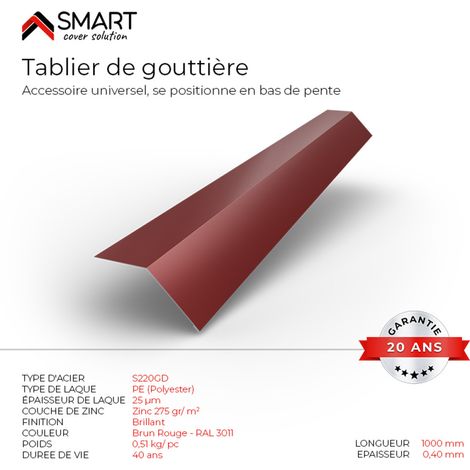 Bravo The Smart Solution – Tablier de gouttière bac acier – Accessoire de toiture pour couverture légère – Positionnement bas de pente – H12 brun rouge RAL 3011 L=1m