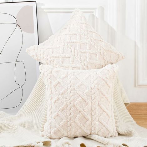 2 pcs Doux Peluche Laine Courte Toison Décoratif Housses de Coussin Luxe Style pour canapé Chambre Beige 45 x 45 cm,Seuçais (1/5)