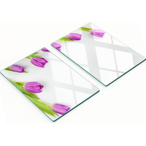Tableros de vidrio templado con un dise帽o decorativo de tulipanes morados, 2x40x52 cm.
