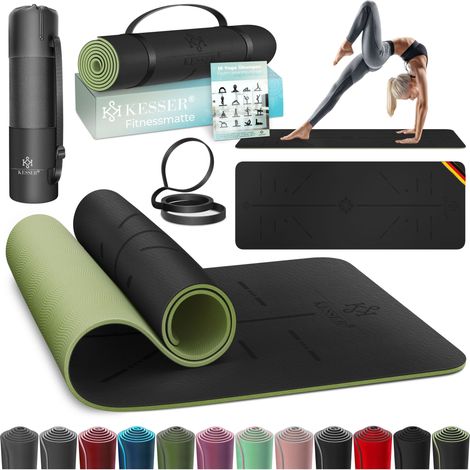 KESSER® Gymnastikmatte mit Tragegurt rutschfest TPE Yogamatte Gepolstert & rutschfest Fitnessmatte    183 x 61 Trainingsmatte für Fitness Sportmatte   Schwarz / Hellgrün
