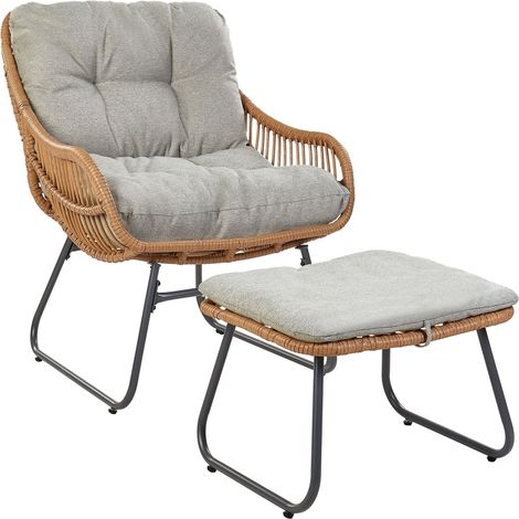 Sedia da giardino in rattan PE con poggiapiedi gambe in acciaio Cuscini grigi Arredo giardino naturale Mestre (1/5)