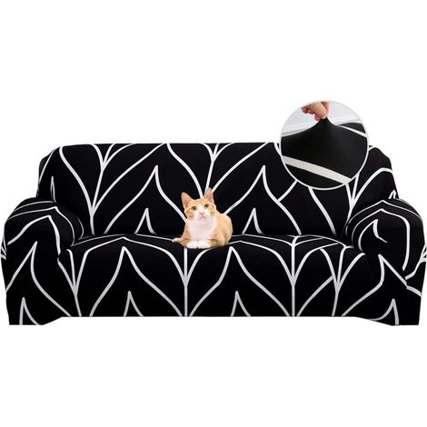 Housse de canapé extensible pour 4 places, élastique universelle avec accoudoirs, design moderne à lignes noires, protection anti-usure pour canapé (1/4)