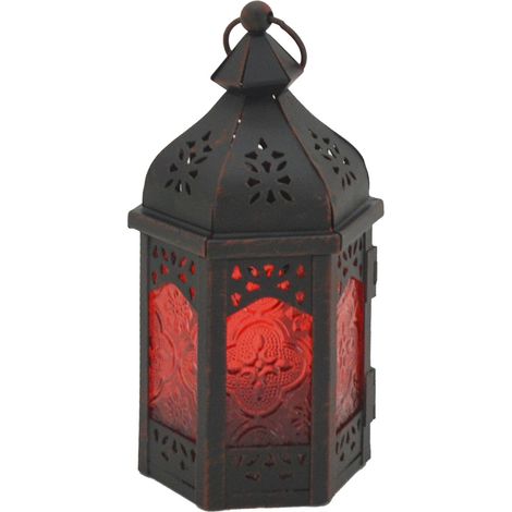 Rebecca Mobili Candelabro Linterna Cristal Étnico Metal Negro Rojo 17x9x8