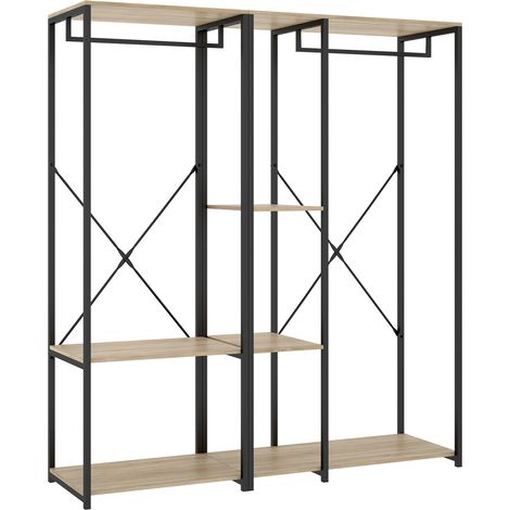 Portant à vêtements double penderie de structure métallique avec 3 étagères de rangement, coloris naturel/noir - Hauteur 167 x Longueur 150 x Profondeur 40,4 cm (1/5)