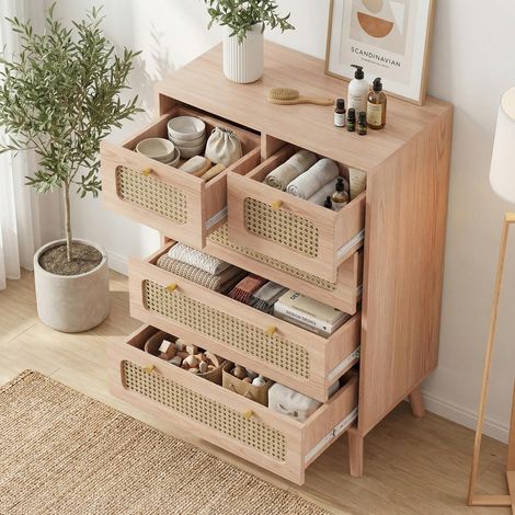 Kommode 60 cm Rattanoptik, 5 Schubladen, Sideboard, Schlafzimmerkommode, Schrank, für Wohnzimmer/Küche/Esszimmer, Boho-Skandi-Stil(60x34x91cm, Eiche hell)