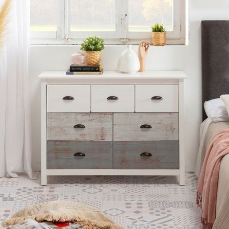 Comò in legno massiccio bianco e grigio Romantica 110x40x80H  – Eleganza Naturale con 7 cassetti