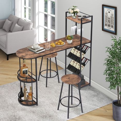 GROOFOO Industrial Bar Table Set with 2 Chairs, Counter Height Kitchen Dining Table, Wine Rack, and Side Storage (1/5)