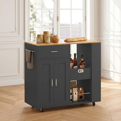 Îlot de cuisine avec 4 roulettes, Meuble de Cuisine Pratique et Mobile avec plateau bois, tiroir, étagères ouvertes et étagères à épices, desserte de cuisine, Noir (1/5)