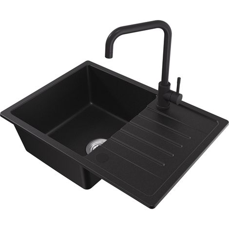 CECIPA MAX Granitspüle 65 x 45 cm Küchenspüle mit Abtropffläche, Anthrazit + Hochdruck Schwarze Küchenarmatur (1/5)