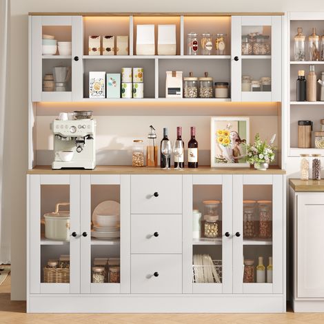 Armoire haute de cuisine 150x40x173 cm, LED, 6 portes acryliques, 3 tiroirs, 2 prises AC et 2 USB - Blanc + Naturel (1/5)