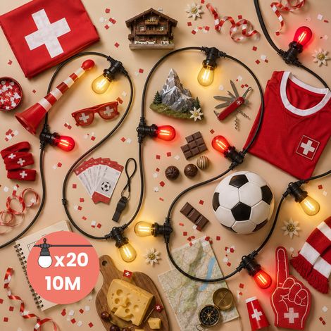Guirlande Guinguette 10M 20 Bulbes Filament Suisse - Guirlande Lumineuse Ampoule E27 Rouge Blanc - Édition Coupe du Monde - Guirlande Guinguette Led Filament rétro (1/5)
