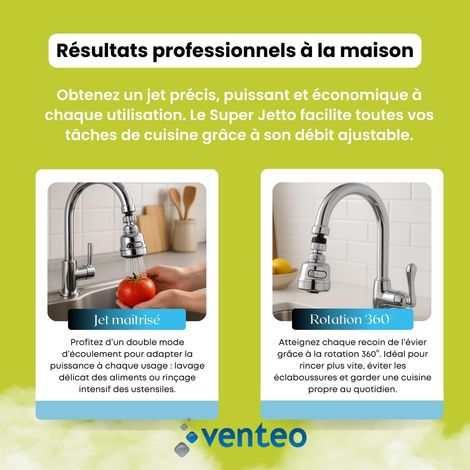 Embout Robinet Cuisine Super Jetto Aérateur Robinet Universel Rotation 360° Economiseur d'Eau Jet Puissant & Jet Perle Installation Facile et Anti (1/5)
