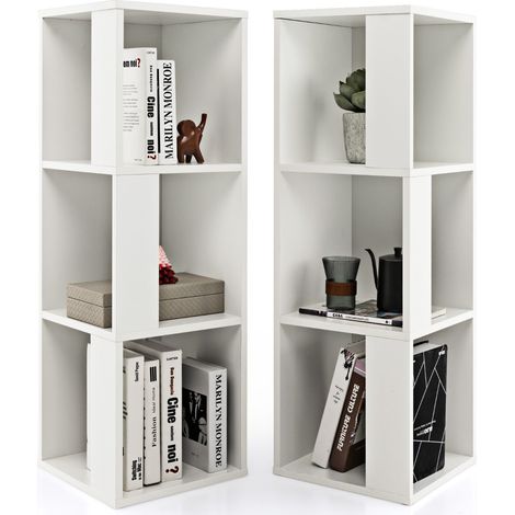 Libreria indipendente a 3 livelli con 6 scomparti, Scaffale in legno espositivo asimmetrico Bianco (1/4)