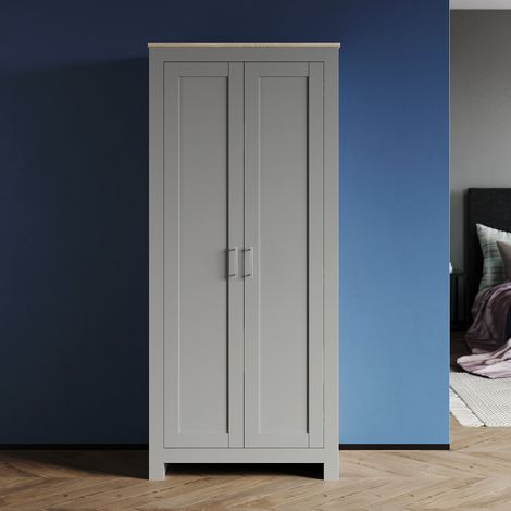 ELEGANT Modern Wardrobe 2 Door Double Wardrobe with Stainless Steel Handles and Aluminium Hanging Rail Gray/Oak Wardrobe (1/5)