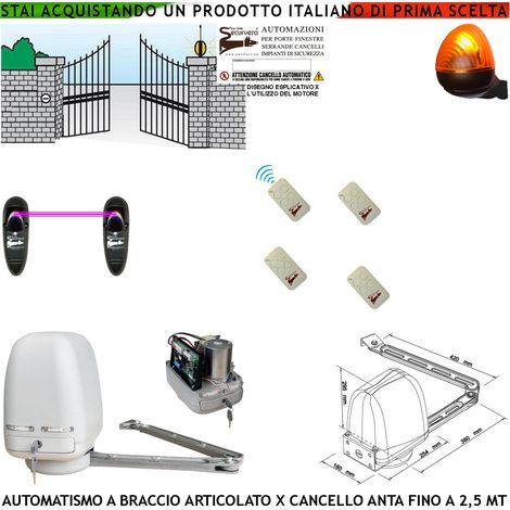 CANCELLO ELETTRICO KIT MOTORE A BRACCIO ARTICOLATO 230/24 V ANTA BATTENTE DA 0,5 A 2,5 MT CENTRALE 4 RADIOCOMANDI FARO FOTOCELLULE (1/4)