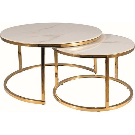 Set de 2 tables basse ronde "Portafino A" - Blanc/Dorée - D 60 x H 45 cm - Livraison gratuite (1/4)