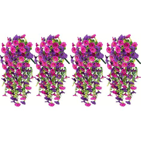 Set of 4 Artificial Hanging Outdoor Flowers, Artificial Morning Glory Blooms, Purple & Red-Pink