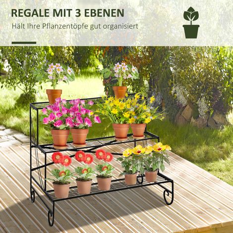 Étagère à plantes en métal 3 niveaux, support floral noir 95x63x72 cm pour intérieur, extérieur, jardin ou balcon