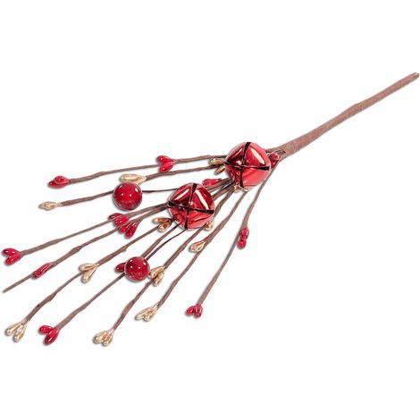 Rametti pick di bacche rosse, gemme dorate e campanelle color oro lucido, set da 24 pezzi, cm 19 H (con gambo 30)