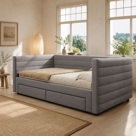Sofá cama 207x189x74 cm gris de lino y algodón con cajones, sin colchón – MEUBLIV (1/5)
