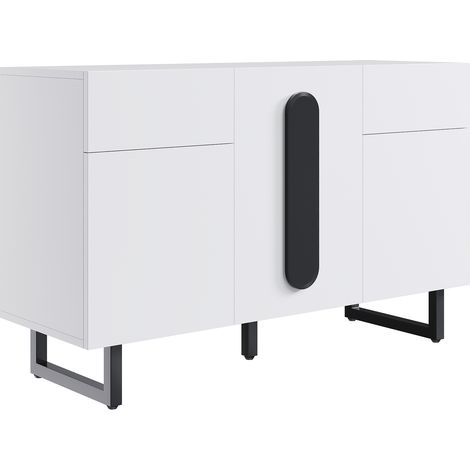 Buffet moderne 120 cm avec grand espace de rangement, tiroirs et portes – Blanc avec poignées noires et pieds en métal, polyvalent pour salle à manger, salon ou cuisine – Élégant, pratique et stable. (1/5)