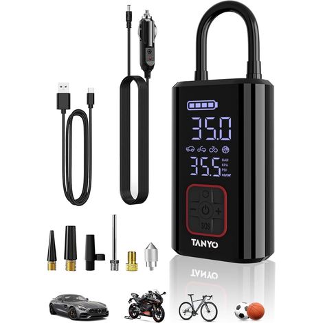 Gonfleur de pneu Compresseur d'air portable 150 PSI Pompe à pneu de voiture sans fil Pompe à vélo électrique avec manomètre et lumière LED numérique 12 V Pompe à air pour pneus de voiture, vélo, (1/5)