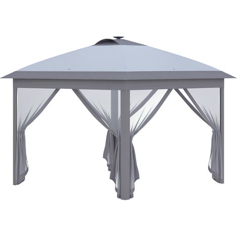 Tonnelle pliante 3,3 x 3,3 m avec éclairage LED, rideaux en filet, sac de transport, grise