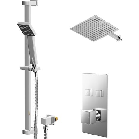 Cubix Polished Chrome Concealed Push Button Twin Shower Valve and 300mm Thin Square Fixed Head with Wall Arm and Thames Slide Rail Kit with Square Elbow - 2 Outlet (1/5)