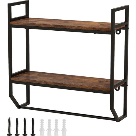 Scaffale portaoggetti da parete a 2 ripiani 59 x 20 x 58 cm con pratico portasciugamani stile industriale metallo marrone rustico 200020560