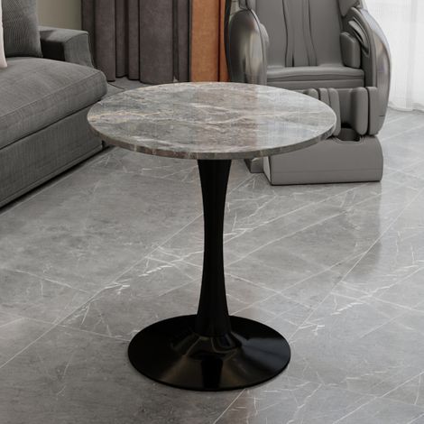 Tavolino da caffè nero da 70 cm, tavolo da pranzo in stile moderno di metà secolo, adatto per 2-4 persone, con piano rotondo in marmo con venature grigio scuro, perfetto per diversi ambienti.