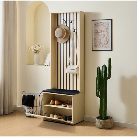 Garderoba con panca 61x35x179.5 cm, seduta imbottita, vano portaoggetti, MDF, legno (1/5)