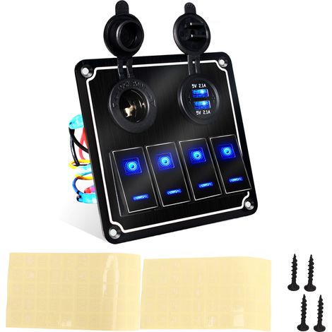 Panneau d'interrupteurs à bascule 4 voies 12-24 V 5 broches avec voyant bleu, protection contre les surcharges, pour voitures, camping-cars, remorques et quads. (1/5)