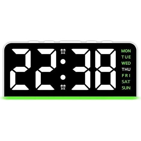 Réveil numérique avec affichage LED, double alarme, fonction d'arrêt automatique du rétroéclairage, compatible avec l'alimentation USB et par piles (vert). (1/4)