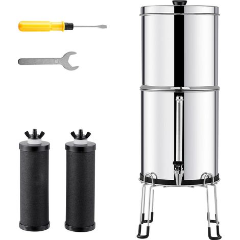 Schwerkraft-Wasserfiltersystem, 2,25 G aus Edelstahl 304, reduziert Blei und 99 % des Chlors, mit 2 Kohlefiltern und Niveauhahn. (1/5)