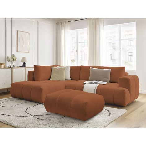 BOBOCHIC - Canapé d'angle L convertible FUJI tissu bouclette avec pouf Angle gauche Orange (1/5)