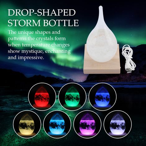 Cadeau d'entreprise original : bouteille météo, bouteille orage, nouvel objet décoratif en verre artisanal, taille moyenne, avec base LED et dégradé de sept couleurs.