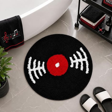 Tapis De Salle De Bain Rond Vinyle Disques, Tapis Antidérapant Lavable Baignoire, Décoration Thème Musical, Absorbant Et Touffeté 60 X 60 C (1/5)