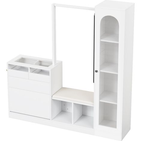 Ensemble d'entrée 6-en-1 avec coiffeuse, porte-manteaux, banc à chaussures, vitrine en verre et éclairage LED multicolore blanc (1/5)