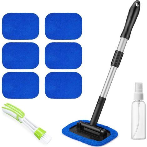 Nettoyeur de vitres de voiture avec 6 tampons en microfibre et vaporisateurs, nettoyant pour pare-brise avec poignée extensible (rectangulaire, bleu)