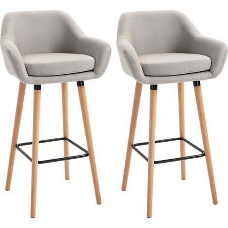 Lot de 2 tabourets de bar confortables en lin beige avec coussin et repose-pieds, pieds en bois de hêtre (1/5)