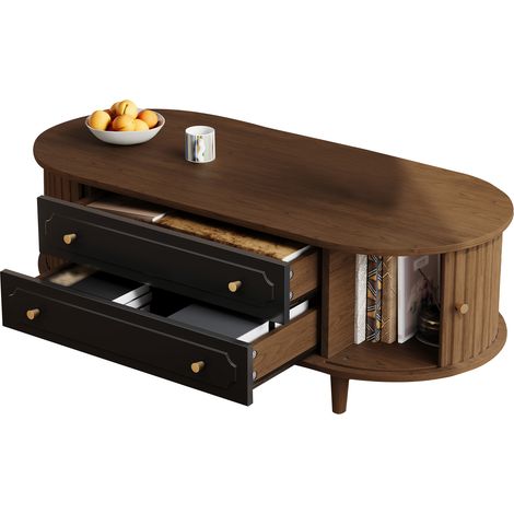 Couchtisch Rechteckig mit 2 Schubladen und 2 Rollläden, für Wohnzimmer, aus Spanplatte, Walnuss und Schwarz, 100×50×36 cm (1/5)