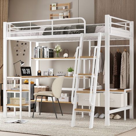 Hochbett mit Schreibtisch und Regal 90x200 cm, platzsparendes Kinderhochbett aus Metall mit 2 Aufbewahrungsboxen und Schrägtreppe, Weiß/Natur (1/5)