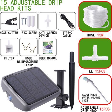 Système d'irrigation solaire, Kits de goutte-à-goutte automatique avec 15 goutteurs, dispositif d'arrosage pour plantes en pot à l'intérieur et à l'extérieur