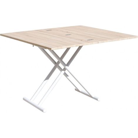 Table basse relevable rectangulaire extensible coloris chêne /pieds blanc - Longueur 100 x largeur 50-100 cm