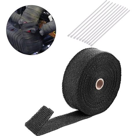Bande de protection thermique déchappement, Ruban échappement noir avec 10 attaches de câble, Ruban isolant thermique tuyeau collecteur echappement pour moto voiture (5cm x 15m)